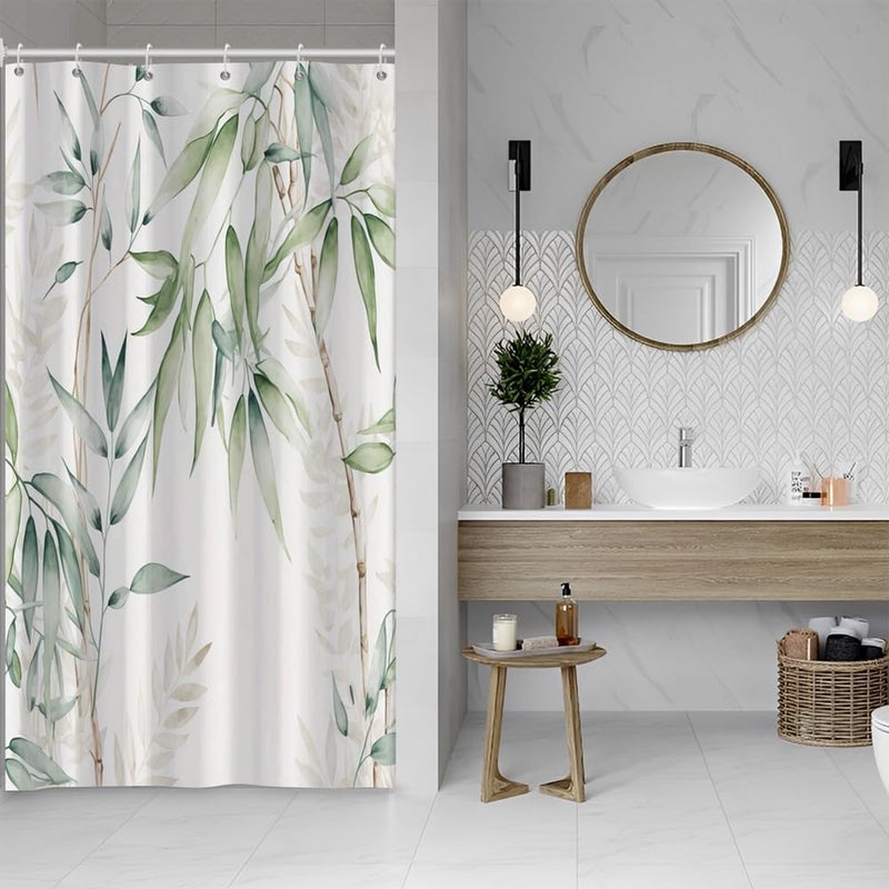Ruelvth Green Bamboo Shower Curtain  Watercolor Green Leaves Shower Curtain for Bathroom Waterproof Fabric Spring Botanical Shower Curtain Set with Hooks  48x72 Inch - Image 1