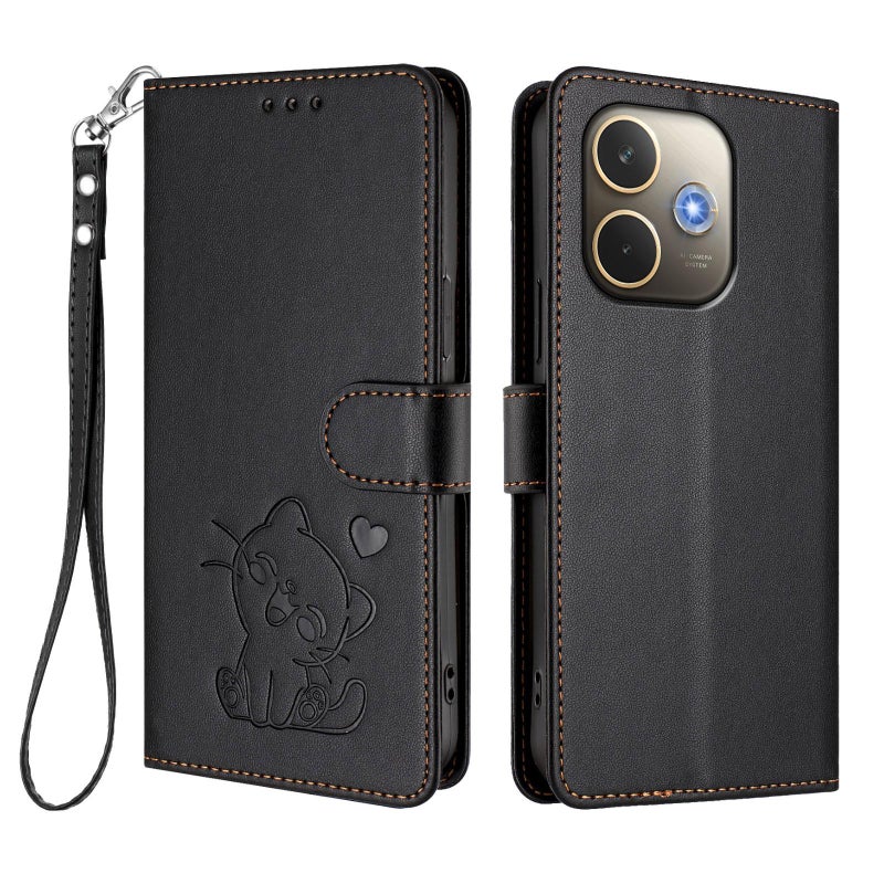 إيروريكس جراب هاتف من جلد القطة المنقوش العالمي لهاتف OPPO A5 Pro 5G / 4G مع حزام يد (أسود) - Image 2