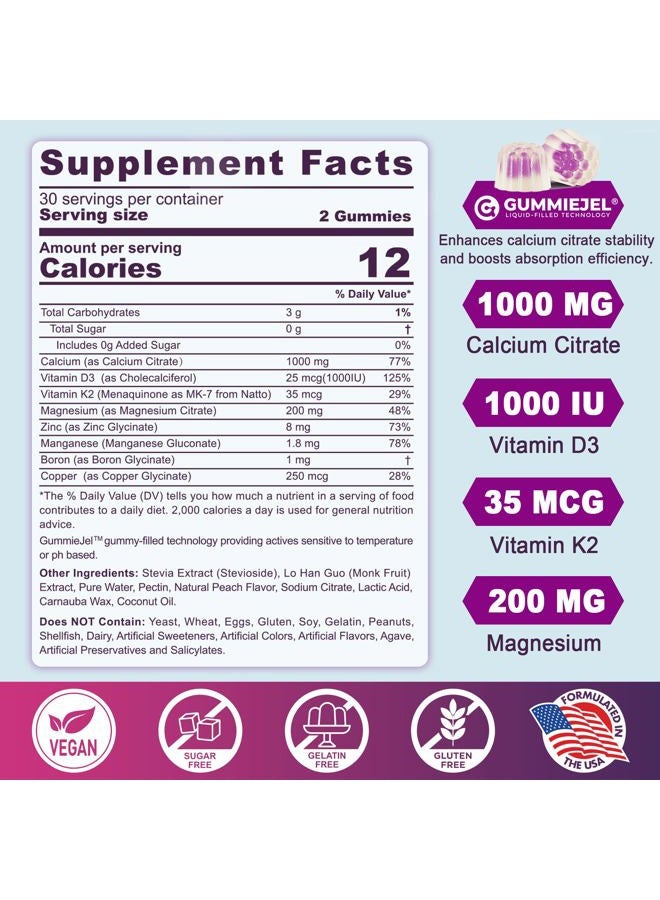 EnvyCure Sugar Free Calcium Citrate Gummies for Women & Men 1000mg, Vitamin D3 K2, Magnesium, Zinc, Boron, Manganese, Copper, Ultimate Absorption Calcium Supplements for Bone, Muscle & Immune - Vegan, 60 Count - Image 2