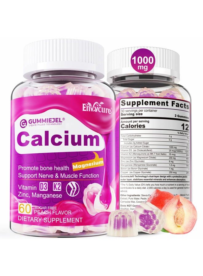 EnvyCure Sugar Free Calcium Citrate Gummies for Women & Men 1000mg, Vitamin D3 K2, Magnesium, Zinc, Boron, Manganese, Copper, Ultimate Absorption Calcium Supplements for Bone, Muscle & Immune - Vegan, 60 Count - Image 1