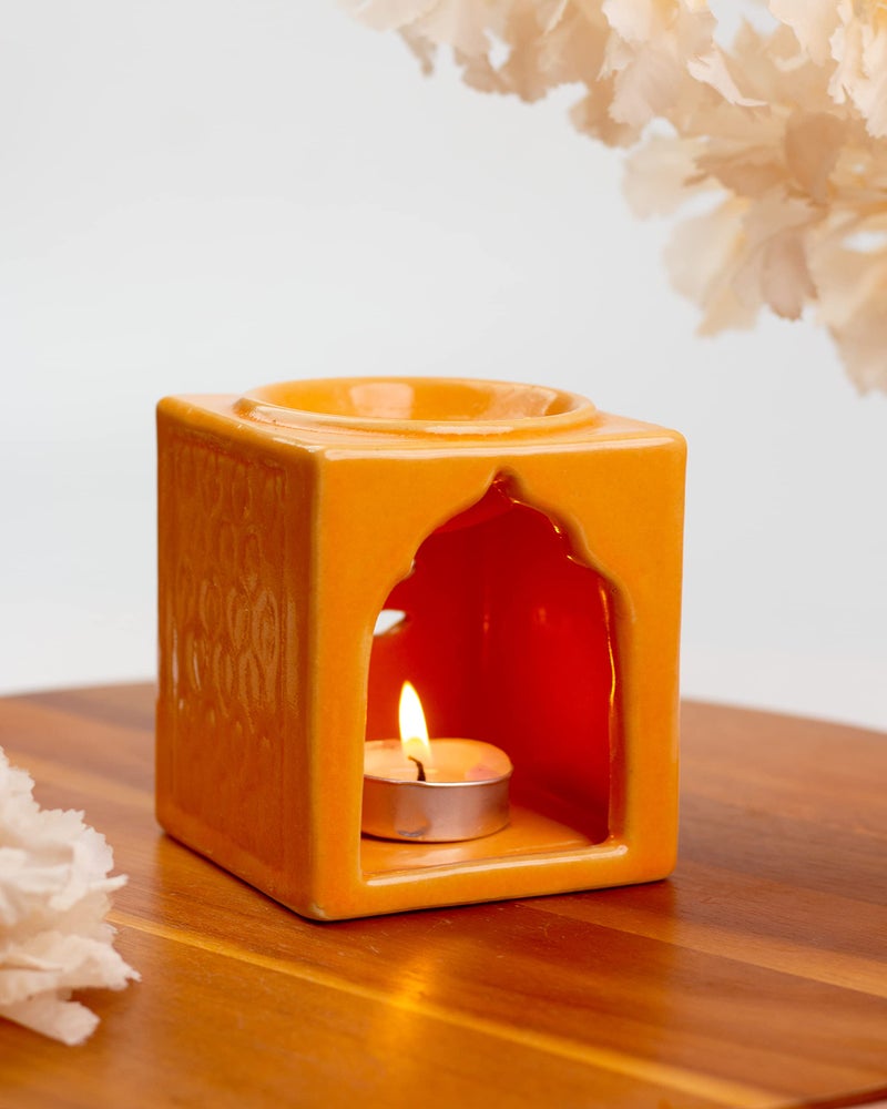 AURA DECOR AuraDecor Handcrafted Small Ceramic Burner Square Shape with 1 T-Light Candle for Home Decorations (Yellow) - Image 1
