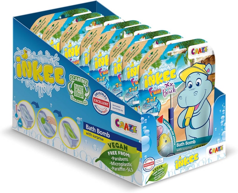 INKEE Fun Beach 8 Pack Kids Bath Bombs with Surprise Hippo Figures Watermelon Scent and Mango Butter Bubble Bath Toys for Children Age 3 Fun Gift Set