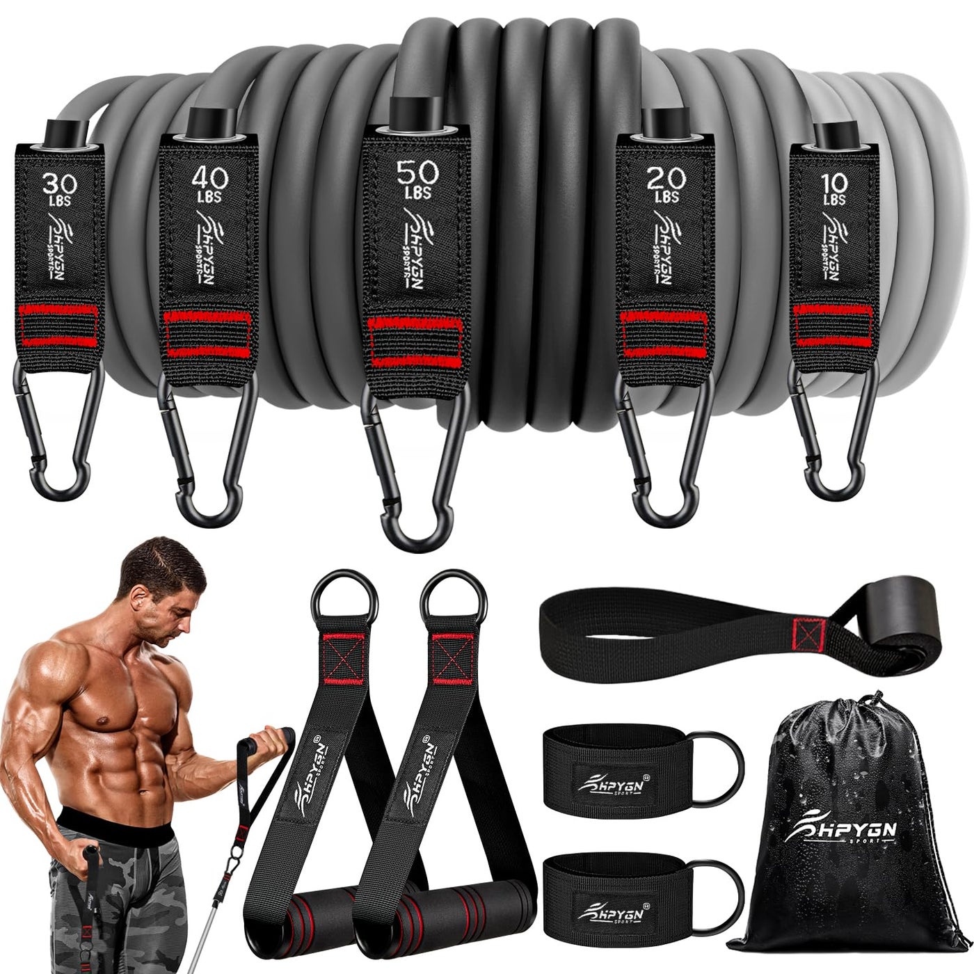 Resistance Band, Exercise Bands with Handles, Workout Bands, Fitness Bands with Door Anchor and Ankle Straps, for Heavy Resistance Training, Physical Therapy, Shape Body, Yoga, Home Workouts Set
