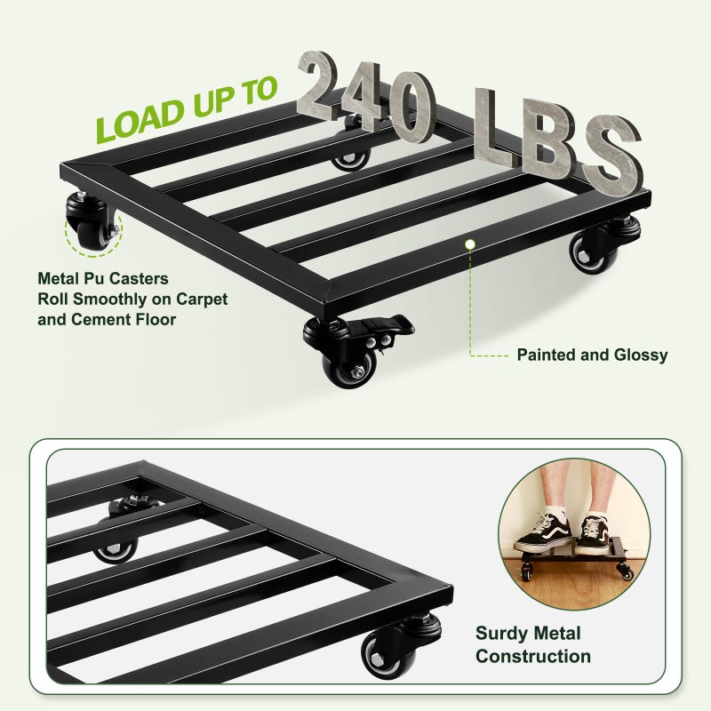Planterhoma 2 Packs Metal Square Plant Caddy with Wheels 12â€ Iron Wrought Rolling Plant Stand with Casters Heavy-Duty Plant Dolly for Indoor and Outdoor Plant Pot Roller Base Square Plant Movers, Glossy Black - Image 5