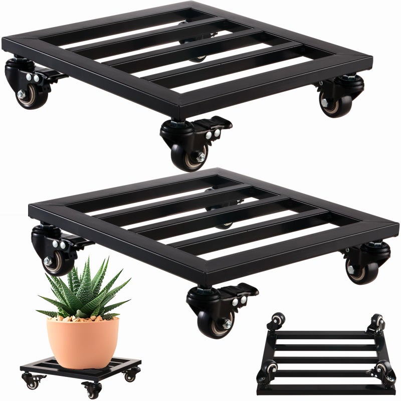 Planterhoma 2 Packs Metal Square Plant Caddy with Wheels 12â€ Iron Wrought Rolling Plant Stand with Casters Heavy-Duty Plant Dolly for Indoor and Outdoor Plant Pot Roller Base Square Plant Movers, Glossy Black - Image 1