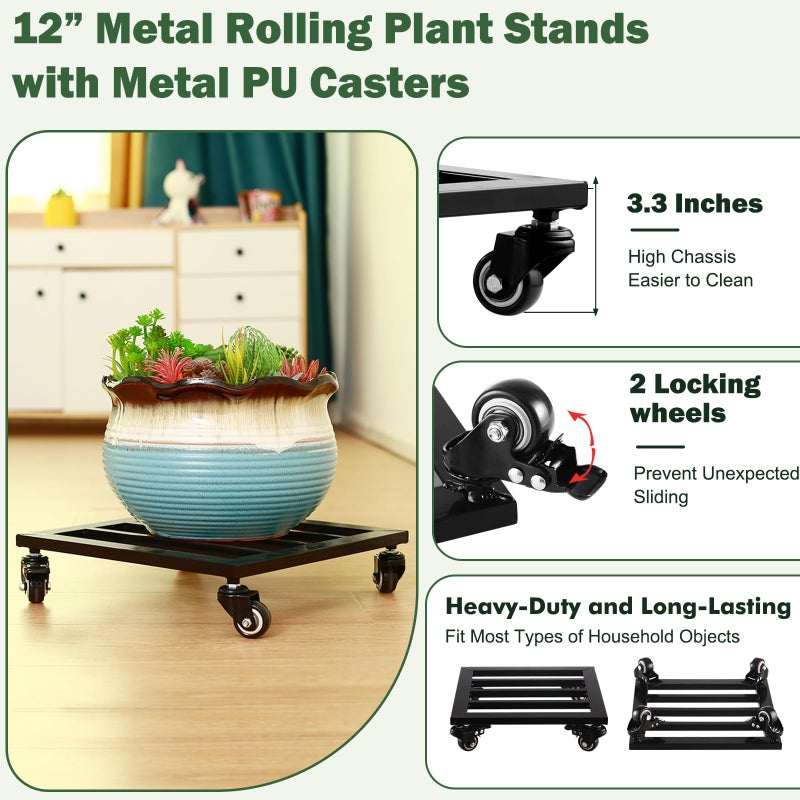 Planterhoma 2 Packs Metal Square Plant Caddy with Wheels 12â€ Iron Wrought Rolling Plant Stand with Casters Heavy-Duty Plant Dolly for Indoor and Outdoor Plant Pot Roller Base Square Plant Movers, Glossy Black - Image 3