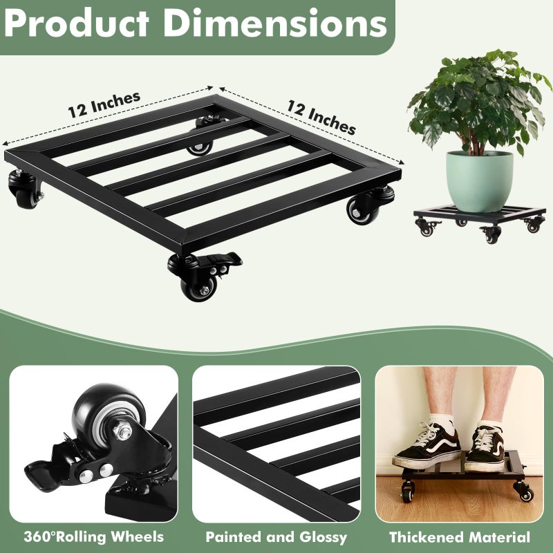 Planterhoma 2 Packs Metal Square Plant Caddy with Wheels 12â€ Iron Wrought Rolling Plant Stand with Casters Heavy-Duty Plant Dolly for Indoor and Outdoor Plant Pot Roller Base Square Plant Movers, Glossy Black - Image 4