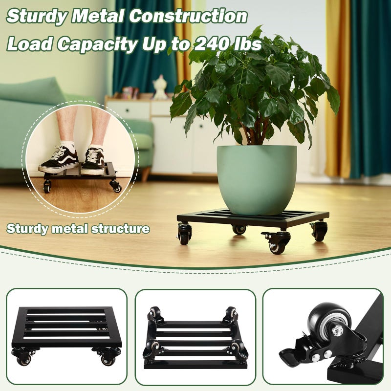 Planterhoma 2 Packs Metal Square Plant Caddy with Wheels 12â€ Iron Wrought Rolling Plant Stand with Casters Heavy-Duty Plant Dolly for Indoor and Outdoor Plant Pot Roller Base Square Plant Movers, Glossy Black - Image 2