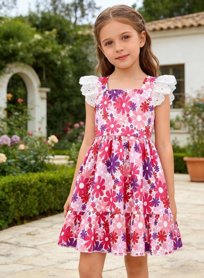 RETSUGO Toddler Girls Red Floral Dress Kids Lace Flutter Sleeve Sun Beach Flowers A-line Dress Girls Summer Casual Boho Outfits Dresses 5109/5-6T - Image 2