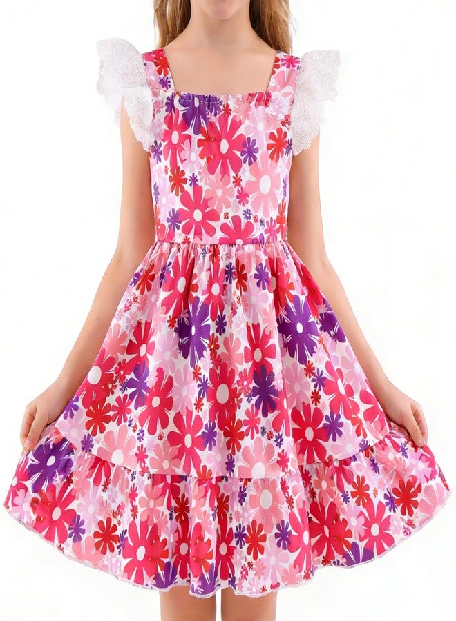RETSUGO Toddler Girls Red Floral Dress Kids Lace Flutter Sleeve Sun Beach Flowers A-line Dress Girls Summer Casual Boho Outfits Dresses 5109/5-6T - Image 1