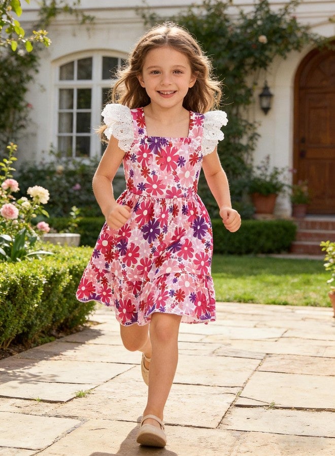 RETSUGO Toddler Girls Red Floral Dress Kids Lace Flutter Sleeve Sun Beach Flowers A-line Dress Girls Summer Casual Boho Outfits Dresses 5109/5-6T - Image 4