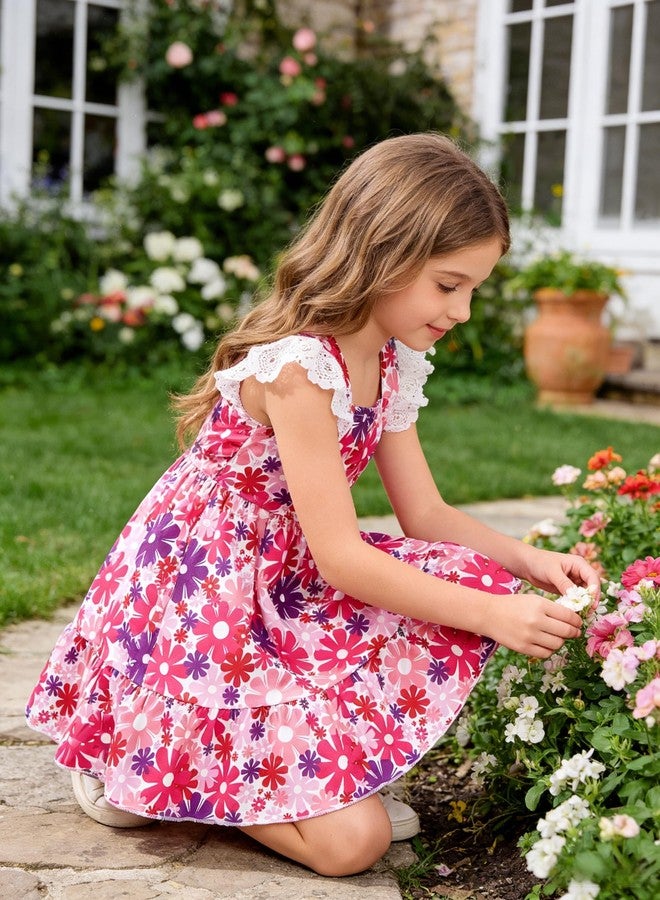 RETSUGO Toddler Girls Red Floral Dress Kids Lace Flutter Sleeve Sun Beach Flowers A-line Dress Girls Summer Casual Boho Outfits Dresses 5109/5-6T - Image 3