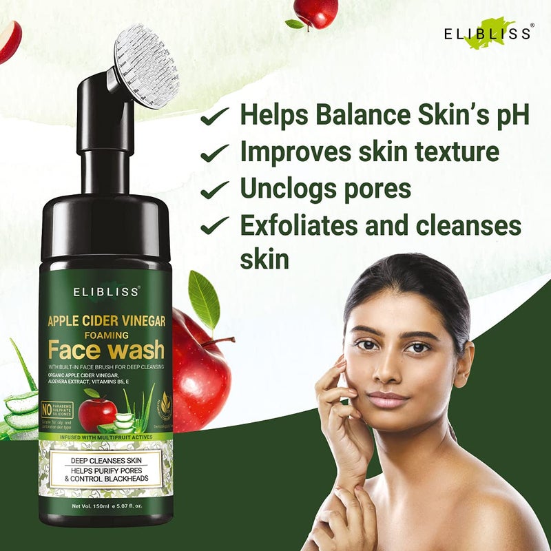ELIBLISS Apple Cider Vinegar Foaming Face Wash with Apple Cider Vinegar & Aloe Vera Water with Brush for Deep Cleansing 150 ml Pack Of 2 - Image 3