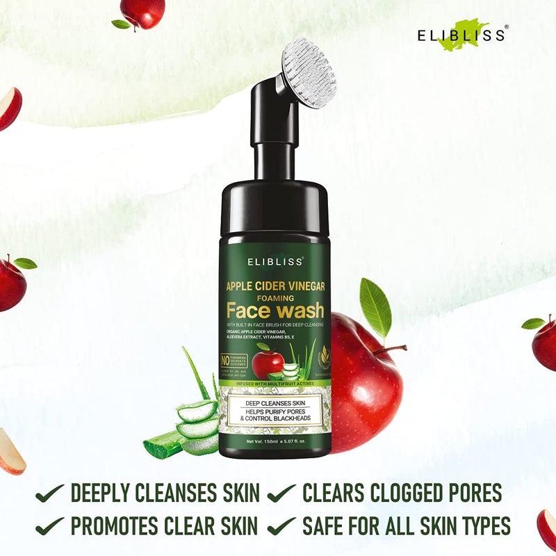 ELIBLISS Apple Cider Vinegar Foaming Face Wash with Apple Cider Vinegar & Aloe Vera Water with Brush for Deep Cleansing 150 ml Pack Of 2 - Image 2