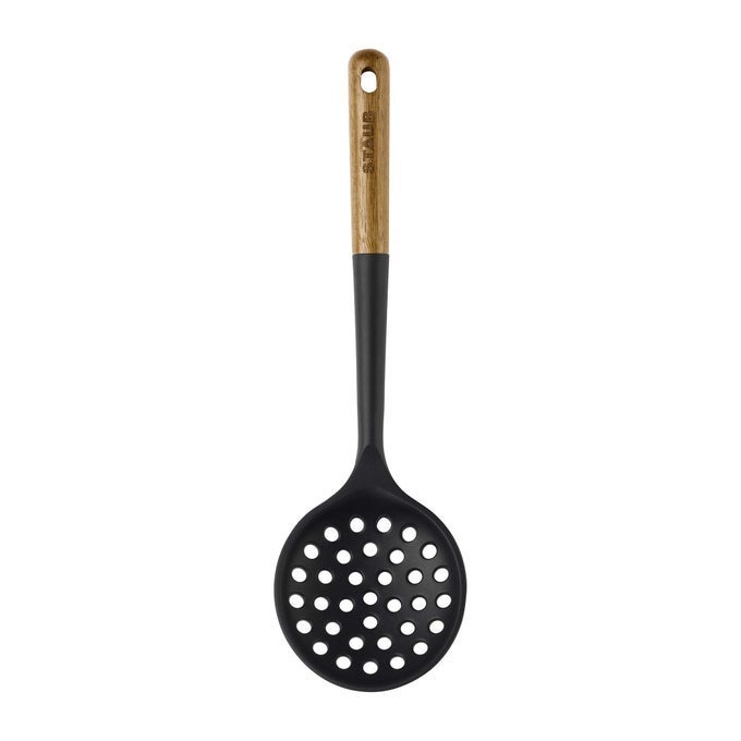 SKIMMER SPOON PERFECT FOR STRAINING OR LIFTING MEAT AND VEGGIES FROM BROTH DURABLE BPAFREE MATTE BLACK SILICONE SAFE FOR NONSTICK COOKING SURFACES