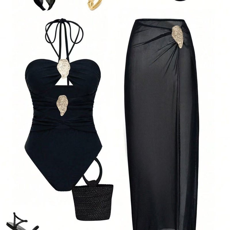 CME Retro Gold-Brown Gradient Swimwear Three-Piece Set: Halter Neck Two-Piece + Sheer Slit Wrap Skirt Vacation Eye-Catcher - Image 1