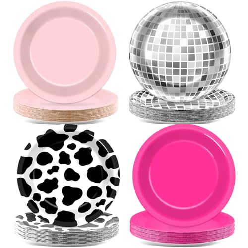 CHUNNIN 48Pcs Western Cowgirl Party Paper Plates for Cow Print Themed Party Supplies 7 Hot Pink Disco Ball Disposable Dessert Plates for Cowgirl Birthday Bachelorette 80s 90s Disco Shower Party Decorations - Image 1