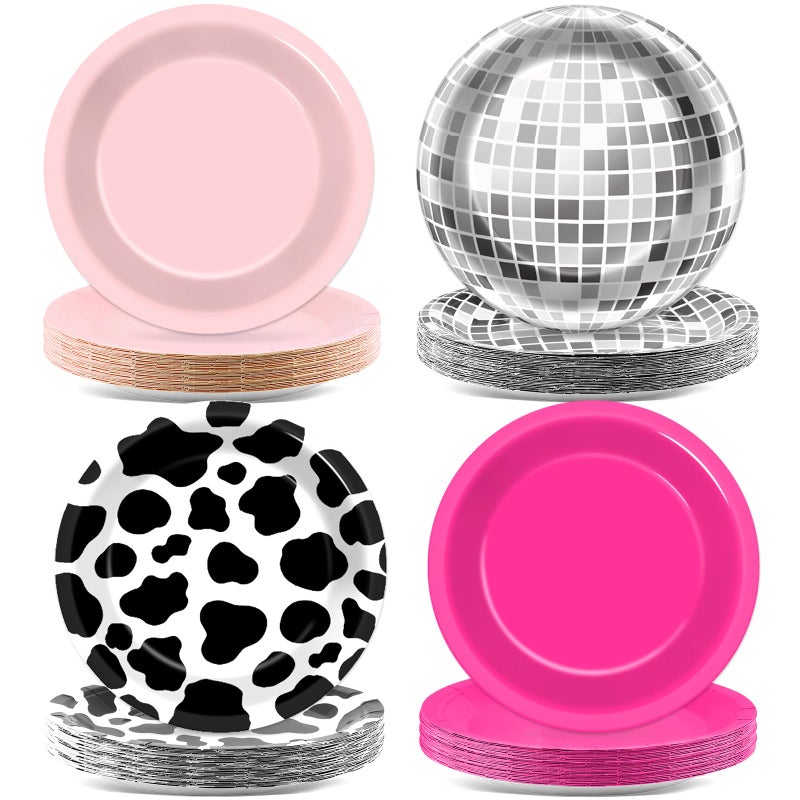 CHUNNIN 48Pcs Western Cowgirl Party Paper Plates for Cow Print Themed Party Supplies 7 Hot Pink Disco Ball Disposable Dessert Plates for Cowgirl Birthday Bachelorette 80s 90s Disco Shower Party Decorations - Image 2