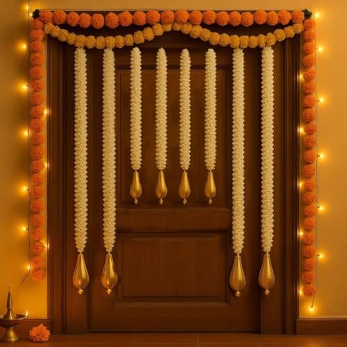 Wanna Party Pack of 8 Artificial Mogra Jasmine Flower Garlands with Golden Drop Hanging (White, 24"–4 pcs, 34"–4 pcs) for Home Decoration, Door Toran, Diwali, Navratri & Festive Occasions - Image 5