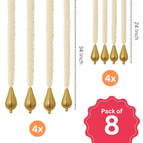 Wanna Party Pack of 8 Artificial Mogra Jasmine Flower Garlands with Golden Drop Hanging (White, 24"–4 pcs, 34"–4 pcs) for Home Decoration, Door Toran, Diwali, Navratri & Festive Occasions - Image 4