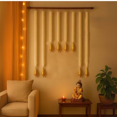 Wanna Party Pack of 8 Artificial Mogra Jasmine Flower Garlands with Golden Drop Hanging (White, 24"–4 pcs, 34"–4 pcs) for Home Decoration, Door Toran, Diwali, Navratri & Festive Occasions - Image 3