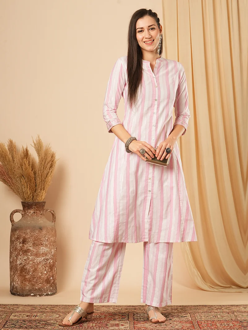 globus Women Striped Regular Pure Cotton Kurta With Trousers