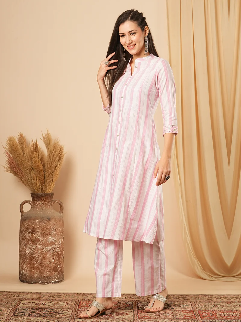 globus Women Striped Regular Pure Cotton Kurta With Trousers