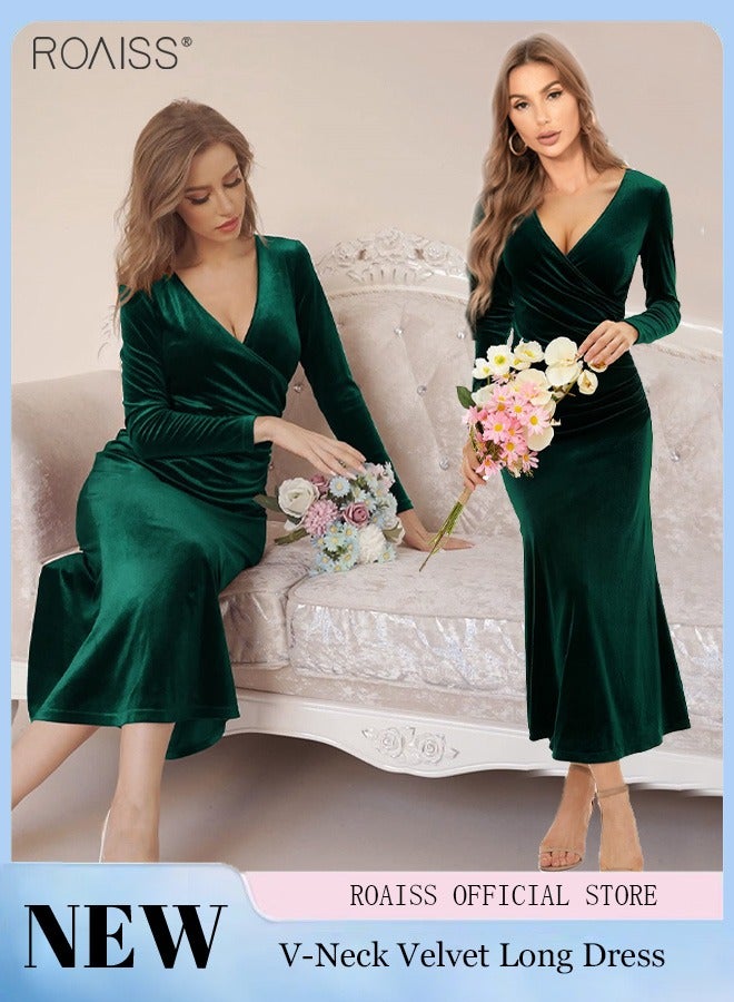 roaiss Women's V Neck Velvet Dress Elegant Elastic Skirt Long Dress Fashion Long Sleeve Fishtail Dress Green - Image 1