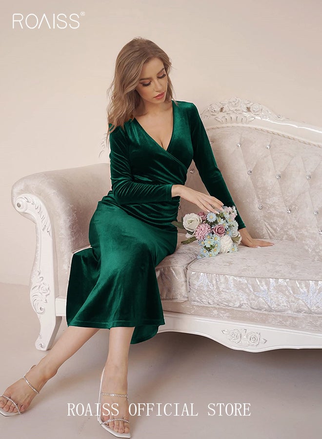 roaiss Women's V Neck Velvet Dress Elegant Elastic Skirt Long Dress Fashion Long Sleeve Fishtail Dress Green - Image 4