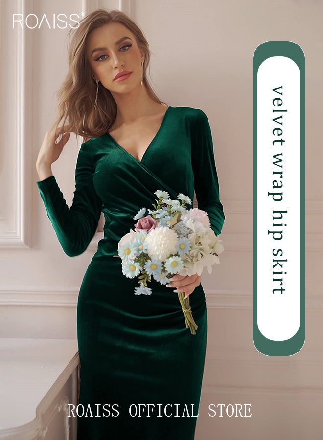 roaiss Women's V Neck Velvet Dress Elegant Elastic Skirt Long Dress Fashion Long Sleeve Fishtail Dress Green - Image 2