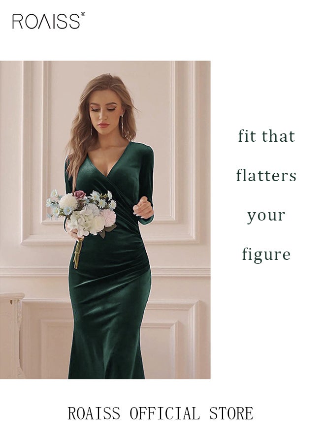 roaiss Women's V Neck Velvet Dress Elegant Elastic Skirt Long Dress Fashion Long Sleeve Fishtail Dress Green - Image 3