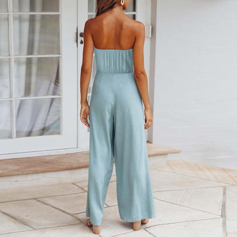 klarako Women Tube Top Romper Strapless Off Shoulder Loose Wide Leg Jumpsuit Summer Casual Elastic Waist Long Pant Playsuit w/Belt(Hellblau-XL) - Image 1