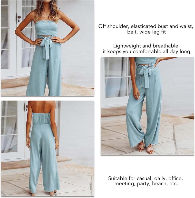 klarako Women Tube Top Romper Strapless Off Shoulder Loose Wide Leg Jumpsuit Summer Casual Elastic Waist Long Pant Playsuit w/Belt(Hellblau-XL) - Image 4