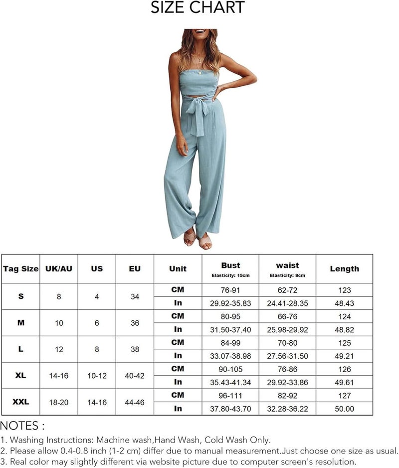 klarako Women Tube Top Romper Strapless Off Shoulder Loose Wide Leg Jumpsuit Summer Casual Elastic Waist Long Pant Playsuit w/Belt(Hellblau-XL) - Image 2