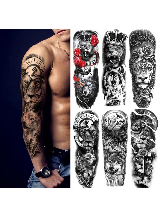 Kotbs 6 Sheets Realistic Lion King Long Full Temporary Tattoos for Women Men Kids Adults, Large Wolf Animal Fake Temporary Tattoo Sleeves Waterproof Leg Arm Temp Tatoos Fake Tattoos - Image 1
