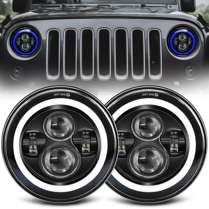 7 Inch Led Headlights Round Blue Halo Led H6024 Headlight With Hilo Beam Drl Amber Turn Signal Compatible With Jeep Wrangler Jk Tj Cj Lj Compatible With Chevy Ford Gmc Dodgemazda Ect