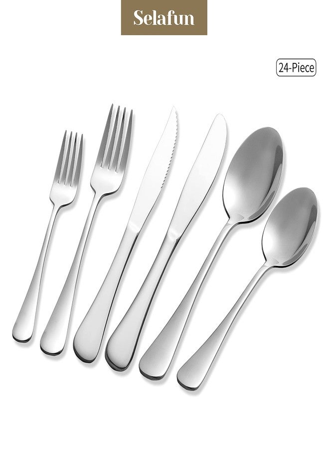 Selafun 24 Piece Silver Flatware Set.Stainless Steel Silverware Set.Titanium Plating Tableware Cutlery Set. Utensil Set for Kitchens. Dishwasher Safe(Service for 4) - Image 2
