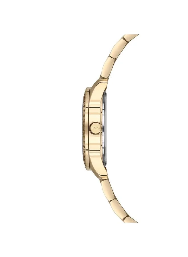 يو اس بولو اسن ساعة نسائية بسوار ستانلس ستيل ذهبي وميناء أسود بعقارب  مم