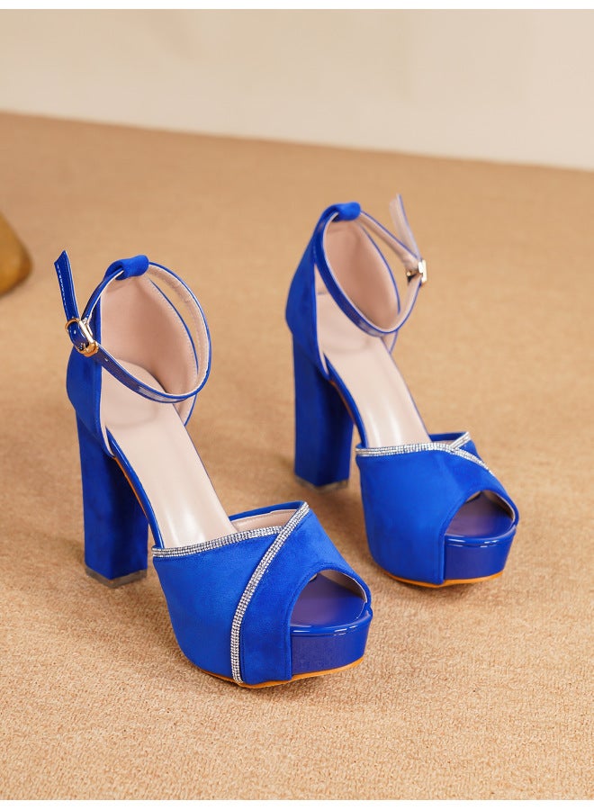 New Summer Chunky Heel European And American Comfortable Platform Peep-toe Hollow Fashion Rhinestone Women's Shoes