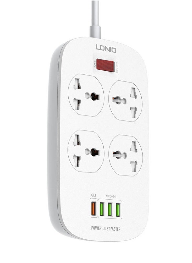 إل دينو - مشترك LDNIO SC4407 مع 4 منافذ طاقة و4 منافذ USB – قدرة 2500 واط – حماية من الحمل الزائد – كابل 2 متر – تصميم مقاوم للاشتعال-ابيض - Image 1