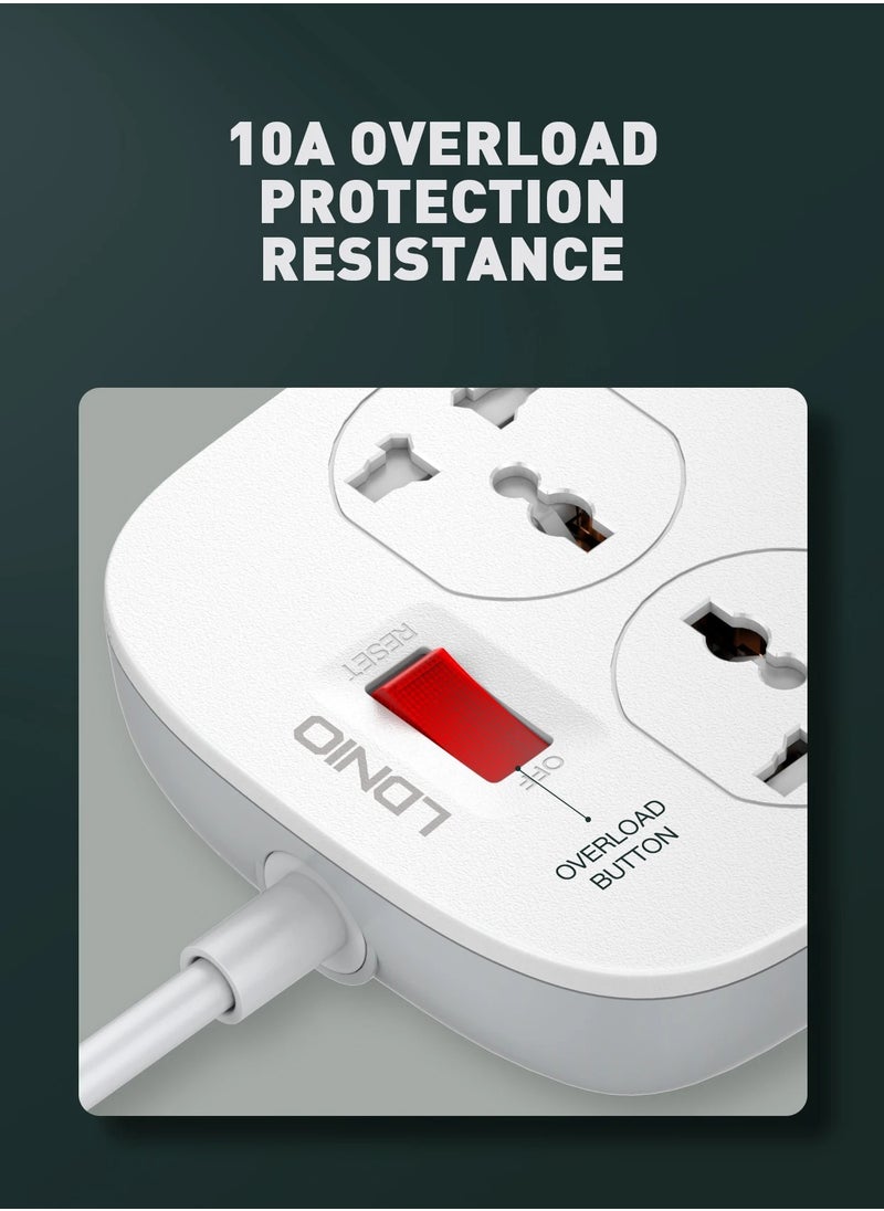 إل دينو - مشترك LDNIO SC4407 مع 4 منافذ طاقة و4 منافذ USB – قدرة 2500 واط – حماية من الحمل الزائد – كابل 2 متر – تصميم مقاوم للاشتعال-ابيض - Image 1