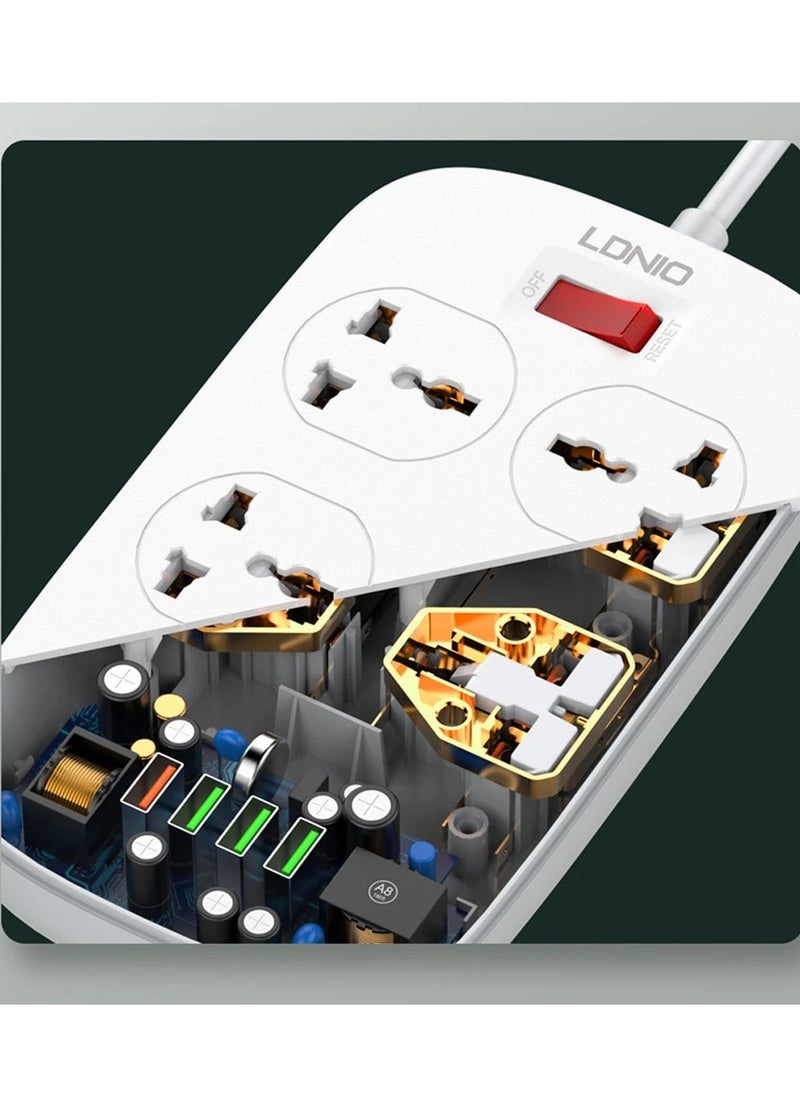 إل دينو - مشترك LDNIO SC4407 مع 4 منافذ طاقة و4 منافذ USB – قدرة 2500 واط – حماية من الحمل الزائد – كابل 2 متر – تصميم مقاوم للاشتعال-ابيض - Image 1