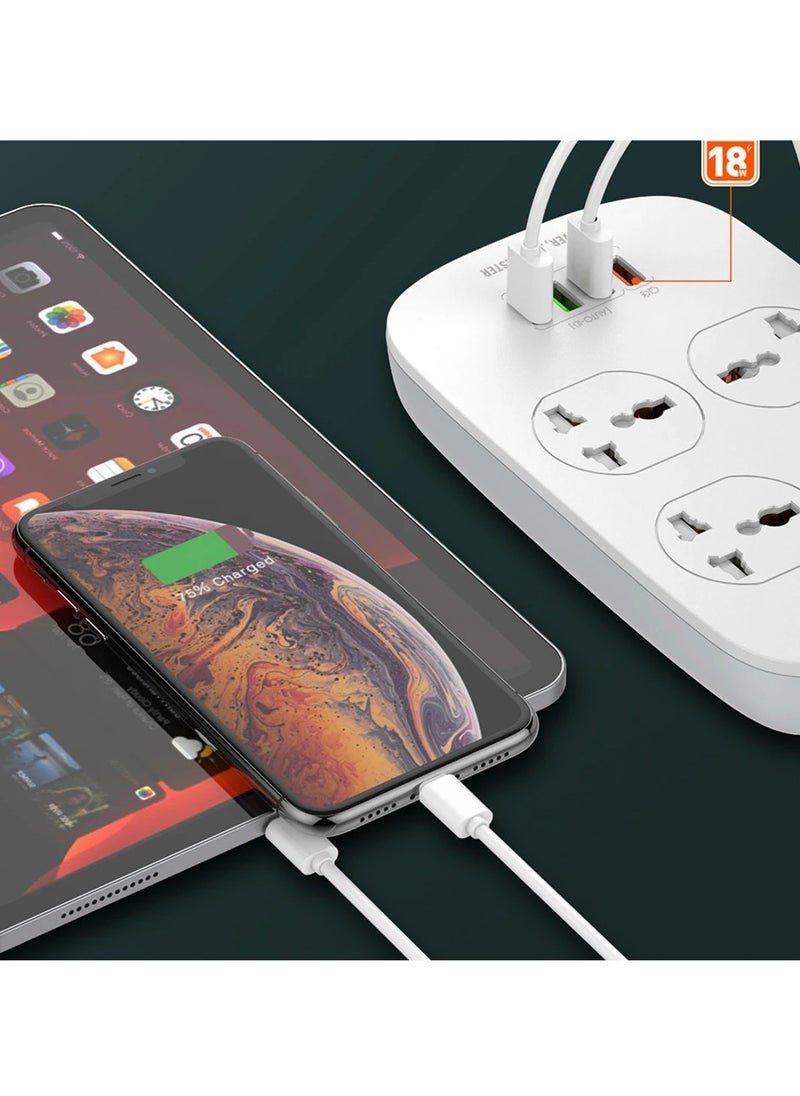 إل دينو - مشترك LDNIO SC4407 مع 4 منافذ طاقة و4 منافذ USB – قدرة 2500 واط – حماية من الحمل الزائد – كابل 2 متر – تصميم مقاوم للاشتعال-ابيض - Image 1