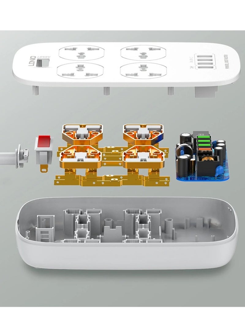 إل دينو - مشترك LDNIO SC4407 مع 4 منافذ طاقة و4 منافذ USB – قدرة 2500 واط – حماية من الحمل الزائد – كابل 2 متر – تصميم مقاوم للاشتعال-ابيض - Image 1
