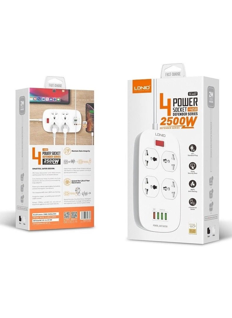 إل دينو - مشترك LDNIO SC4407 مع 4 منافذ طاقة و4 منافذ USB – قدرة 2500 واط – حماية من الحمل الزائد – كابل 2 متر – تصميم مقاوم للاشتعال-ابيض - Image 1