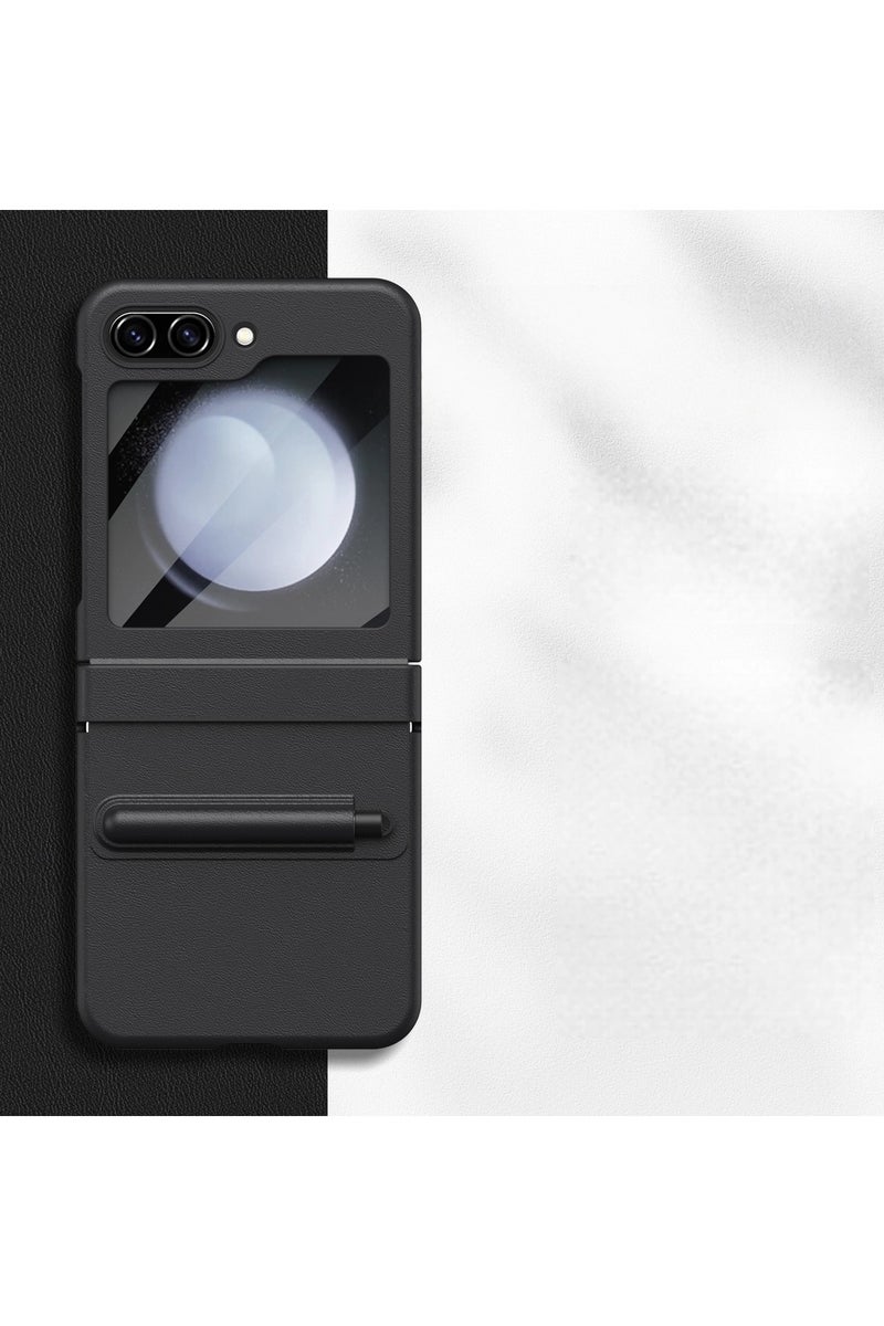 Compatible with Samsung Z Flip 7 FE phone case. Leather material. Features hinge protection and a pen slot. Full-coverage case with integrated protective film.