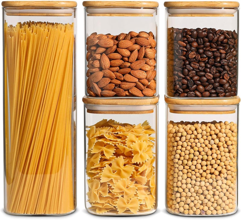 ComSaf Food Storage Containers with Airtight Bamboo Lids Set of 5, Clear Glass Canister Food Jar with Sealing Lid Kitchen Pantry Storage Container for Spaghetti Pasta Sugar Flour Cereal Beans, Square - Image 1