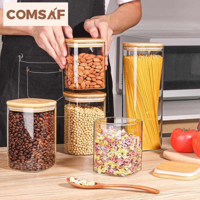 ComSaf Food Storage Containers with Airtight Bamboo Lids Set of 5, Clear Glass Canister Food Jar with Sealing Lid Kitchen Pantry Storage Container for Spaghetti Pasta Sugar Flour Cereal Beans, Square - Image 5