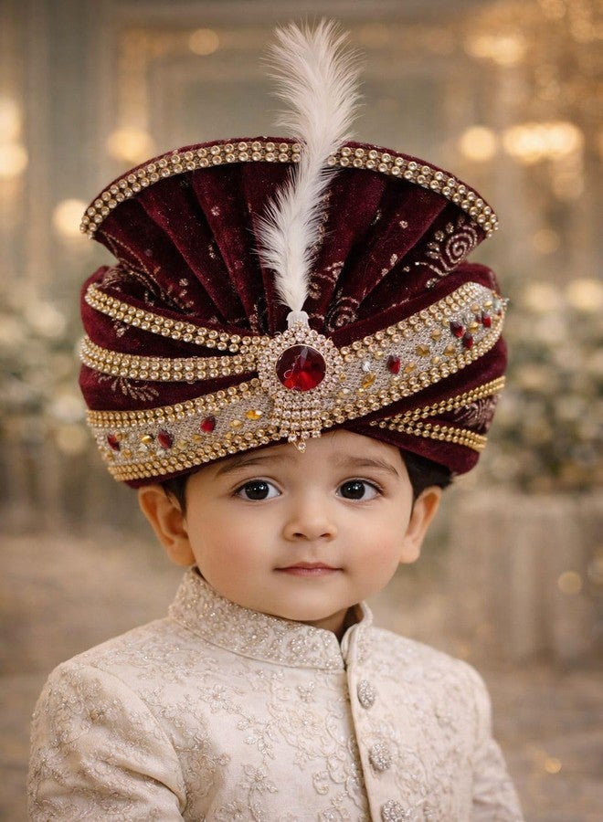 Mithila royal عمامة أطفال لحفلات الزفاف | عمامة للأطفال | عمامة شاروالا ملكية جاهزة | عمامة زفاف هندية تقليدية للأعمار من 2 إلى 10 سنوات | إكسسوار احتفالي ومناسبات الزفاف (لون عنابي فاتح) - Image 2
