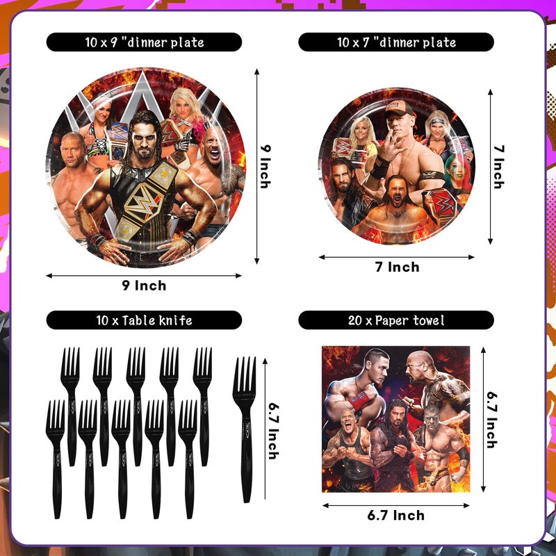 PINUO Wrestling Birthday Party Supplies Set - Wrestling Tableware with Tablecloth, Plates, Napkins & Forks for Kids Wrestling Party Decorations - Image 3